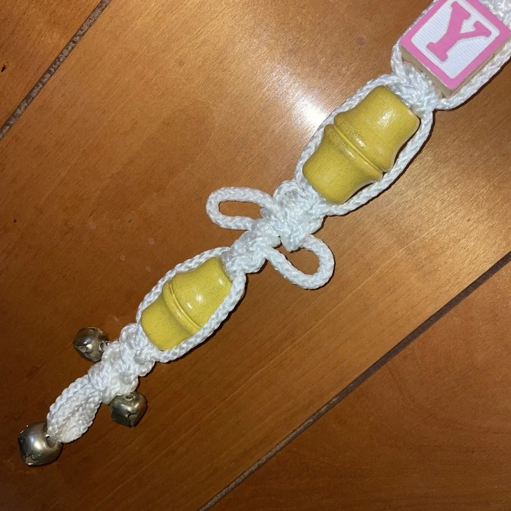 Vintage handmade macrame decoration hanging‎ wooden baby blocks bells yellow